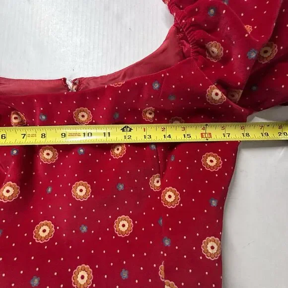 VTG Victor‎ Costa Red Velveteen Midi Party Dress Womens 10 Belted Puff Gold EUC